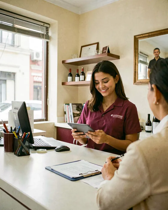 Recepcionista atendiendo sola a una clienta